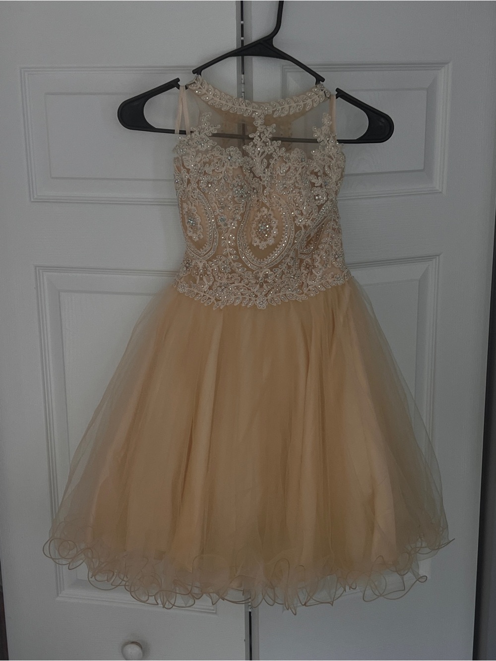 Fiesta Beaded Champagne/ Gold Homecoming & Holiday Party Dress | Juniors XS